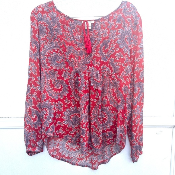 Lucky brand peasant top S paisley print red/blue tasseled boho hippie pleated - Picture 2 of 11
